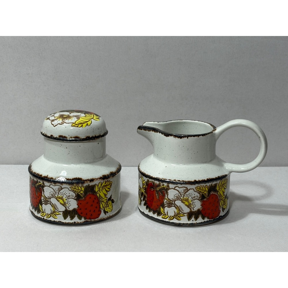 Midwinter Stonehenge Strawberry Creamer & Lidded Sugar Bowl Set England Vintage